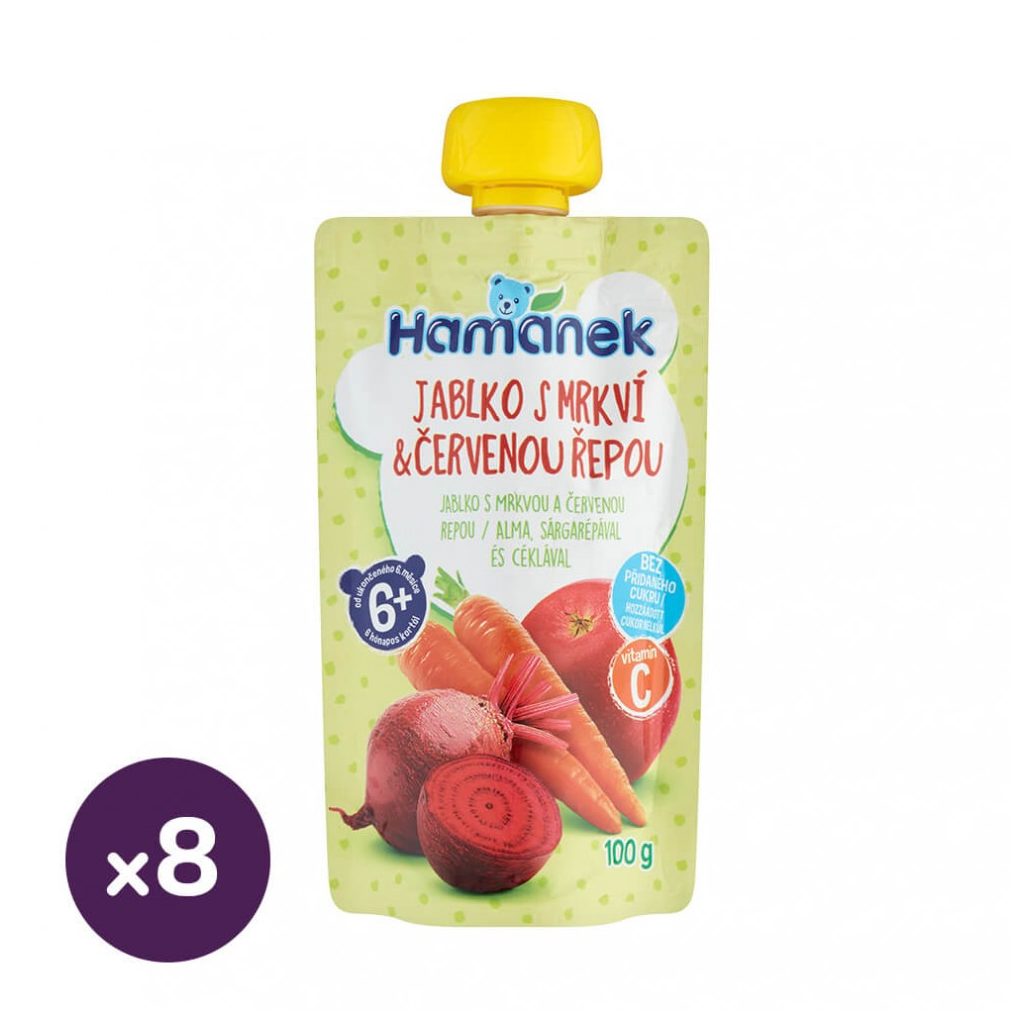 Hamánek tasakos gyümölcspüré alma-sárgarépa-cékla, 6 hó+ (8x100 g)