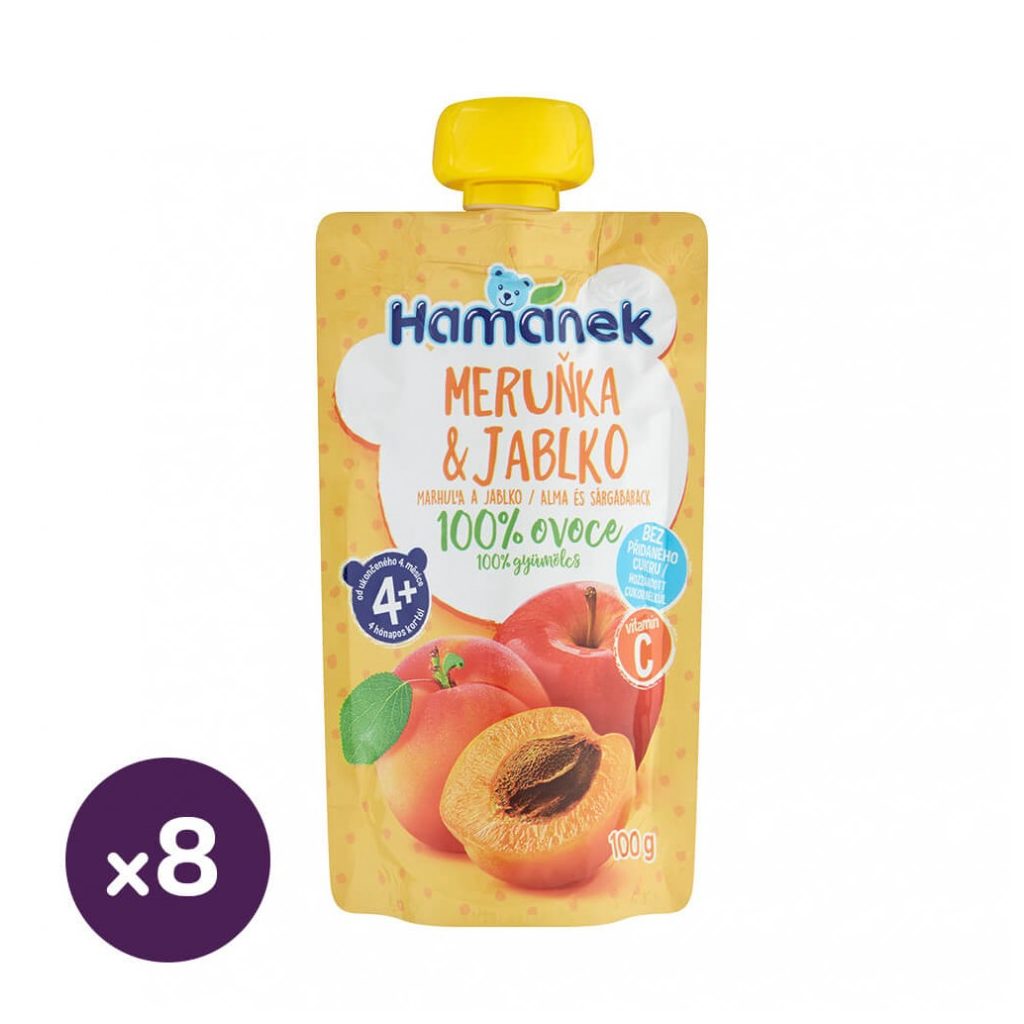 Hamánek tasakos gyümölcspüré alma-sárgabarackkal, 4 hó+ (8x100 g)