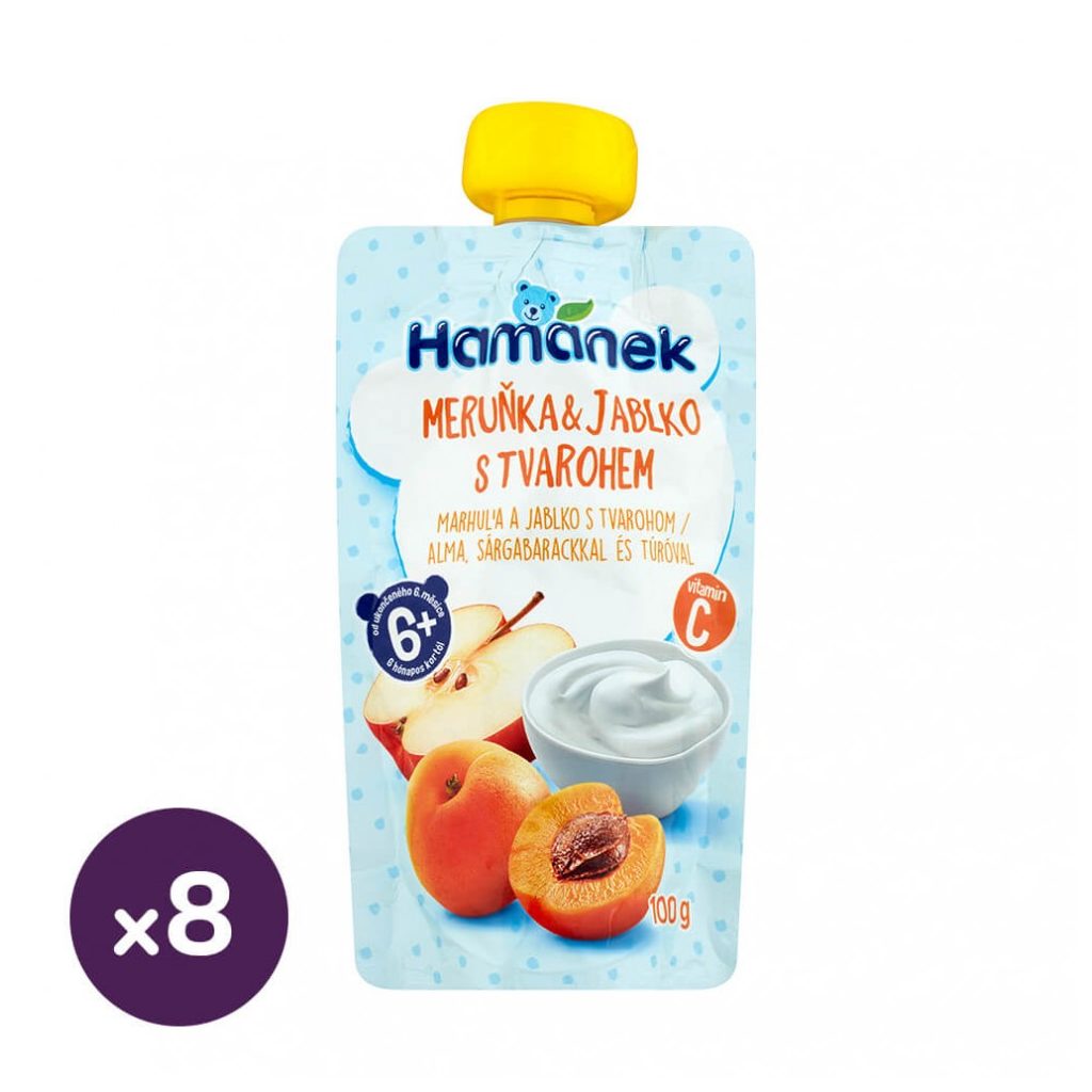 Hamánek tasakos gyümölcspüré alma- sárgabarack-túróval, 6 hó+ (8x100 g)