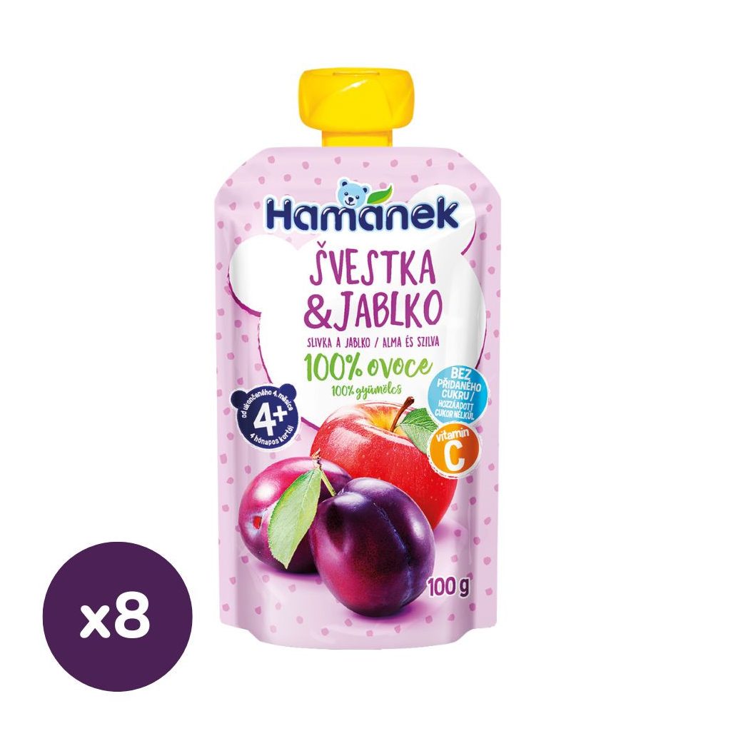 Hamánek tasakos gyümölcspüré alma-szilva, 4 hó+ (8x100 g)