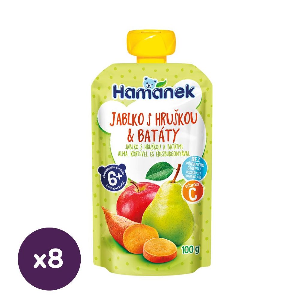 Hamánek tasakos gyümölcspüré körte-édesburgonya, 4 hó+ (8x100 g)