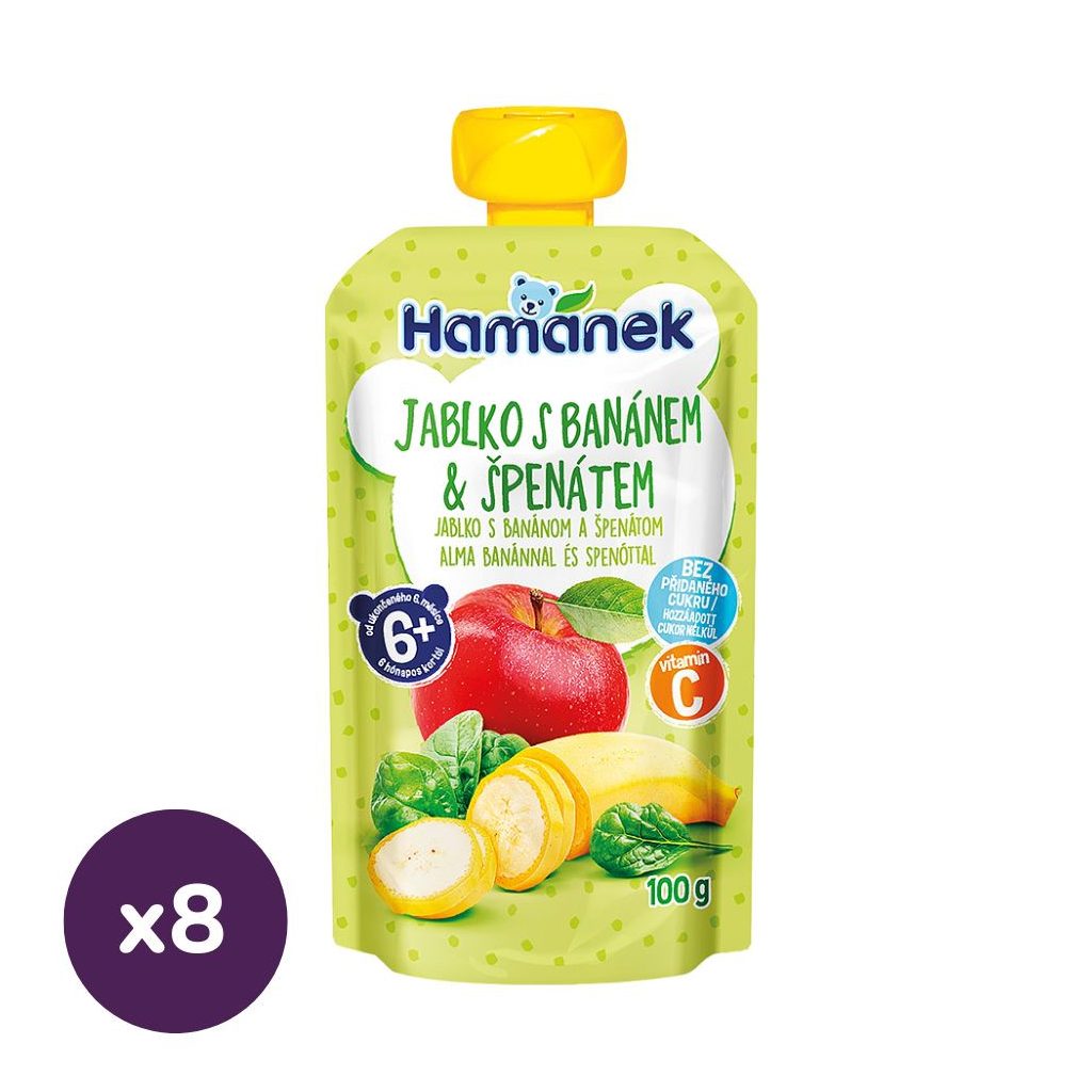 Hamánek tasakos gyümölcspüré alma-banán-spenót, 4 hó+ (8x100 g)