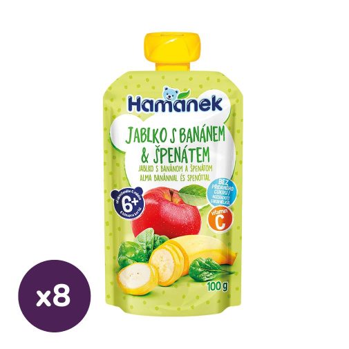 Hamánek tasakos gyümölcspüré alma-banán-spenót, 4 hó+ (8x100 g)