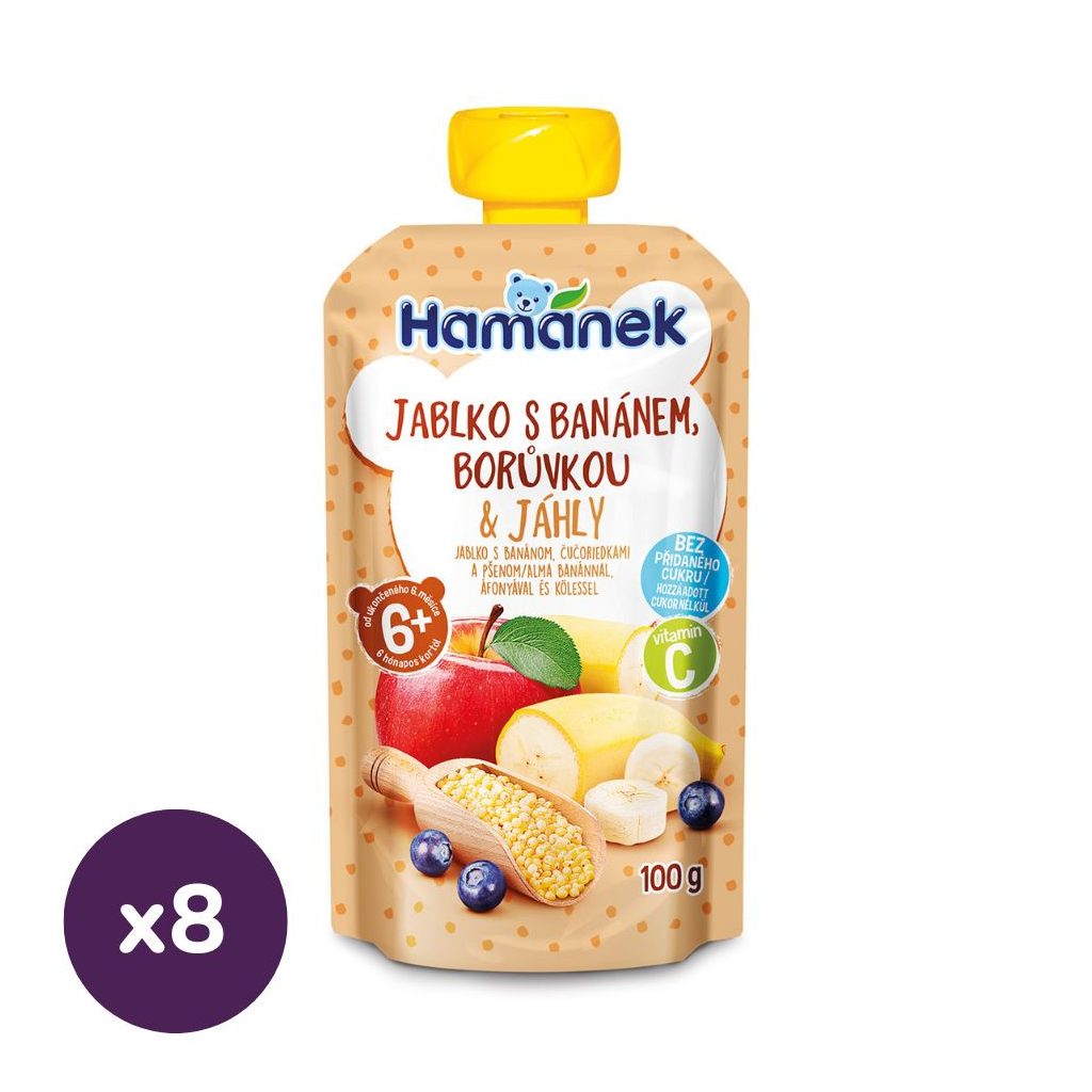Hamánek tasakos gyümölcspüré alma-banán-áfonya kölessel, 6 hó+ (8x100 g)