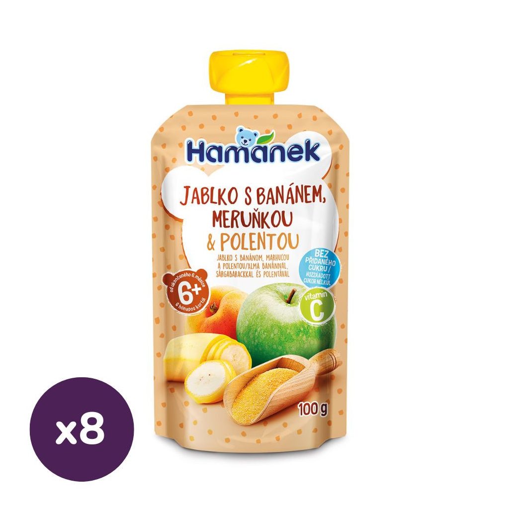 Hamánek tasakos gyümölcspüré alma-banán-sárgabarack polentával, 6 hó+ (8x100 g)