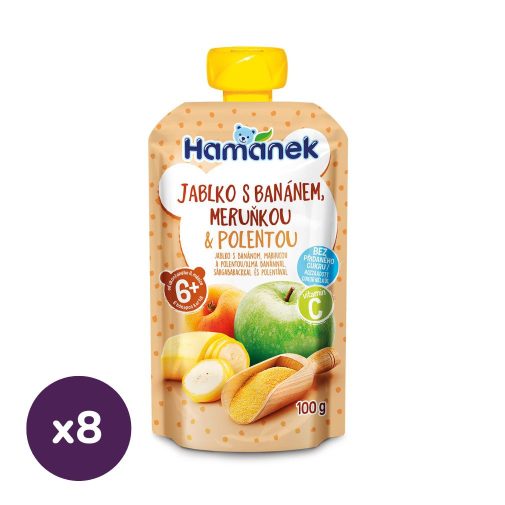 Hamánek tasakos gyümölcspüré alma-banán-sárgabarack polentával, 6 hó+ (8x100 g)