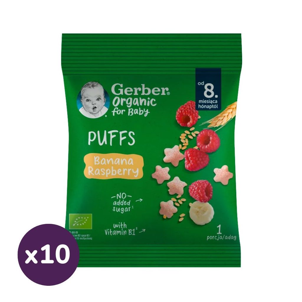 Gerber Organic bio banános málnás gabona snack, 8 hónapos kortól (10x7 g)