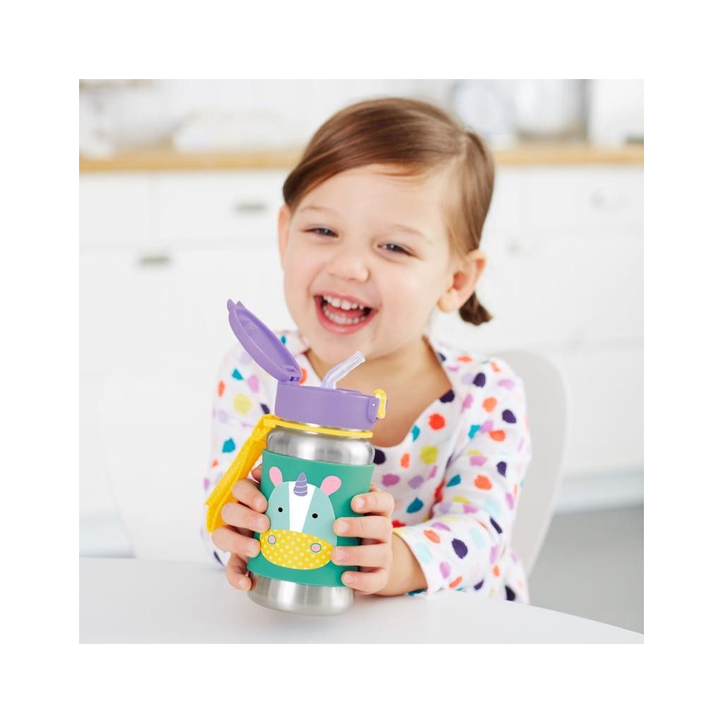 SKIP HOP Zoo Rozsdamentes szívószálas vízüveg Egyszarvú 12m+