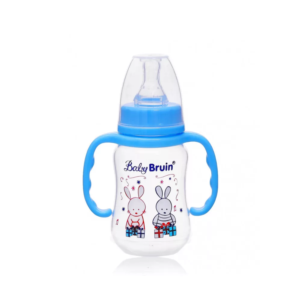 BabyBruin műanyag karcsúsított cumisüveg fogóval - kék (125 ml)