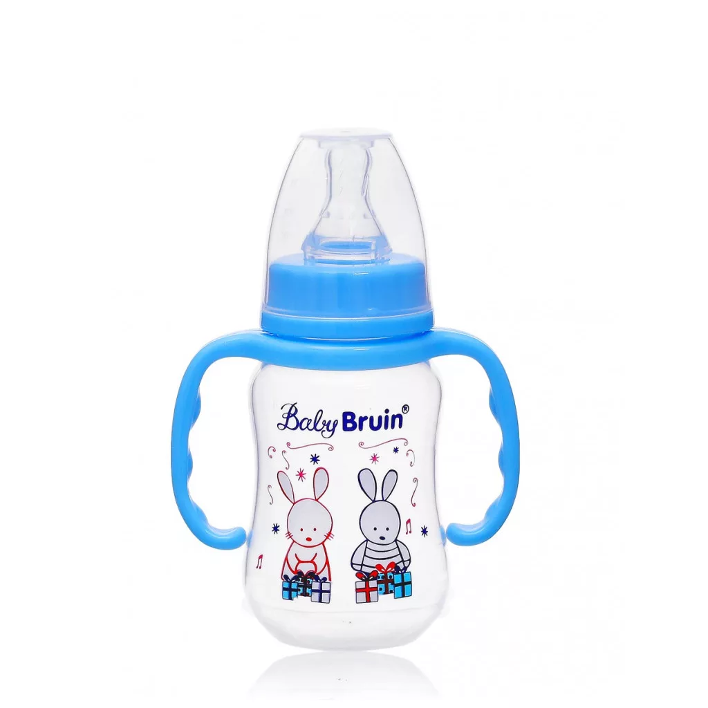 BabyBruin műanyag karcsúsított cumisüveg fogóval - kék (125 ml)