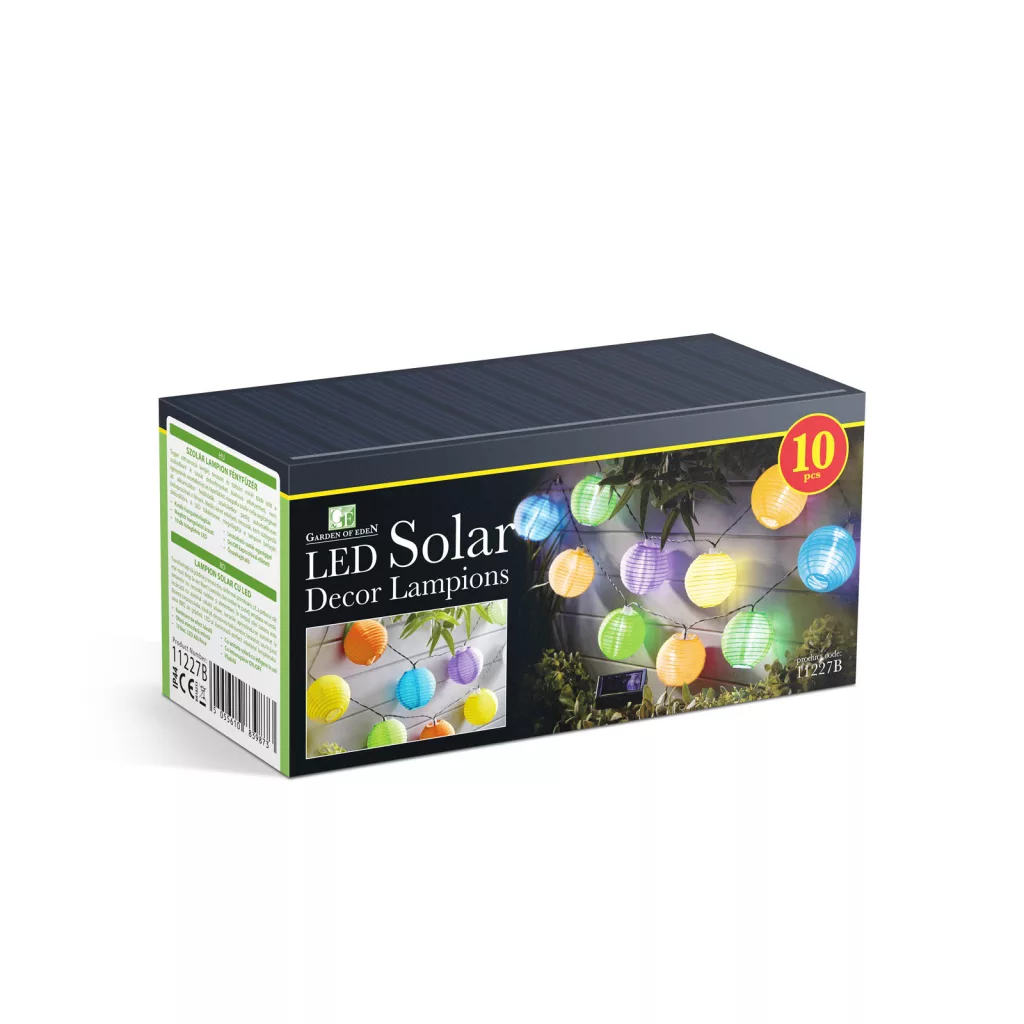 Szolár lampion fényfüzér - 10 db színes lampion, hidegfehér LED fénnyel (2,5 m)