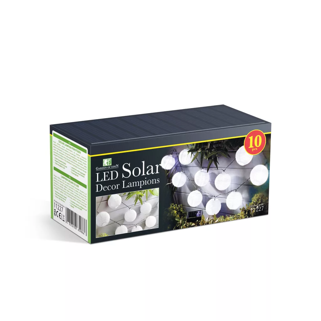 Szolár lampion fényfüzér - 10 db fehér lampion, hidegfehér LED fénnyel (2,5 m)