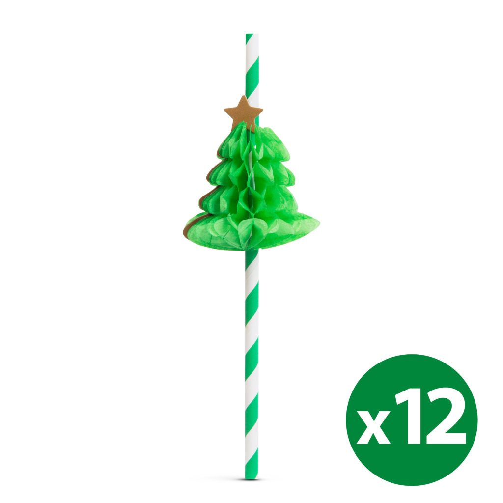 Karácsonyi papír szívószál - 3D fenyőfa - 197 x 6 mm  (12 db)