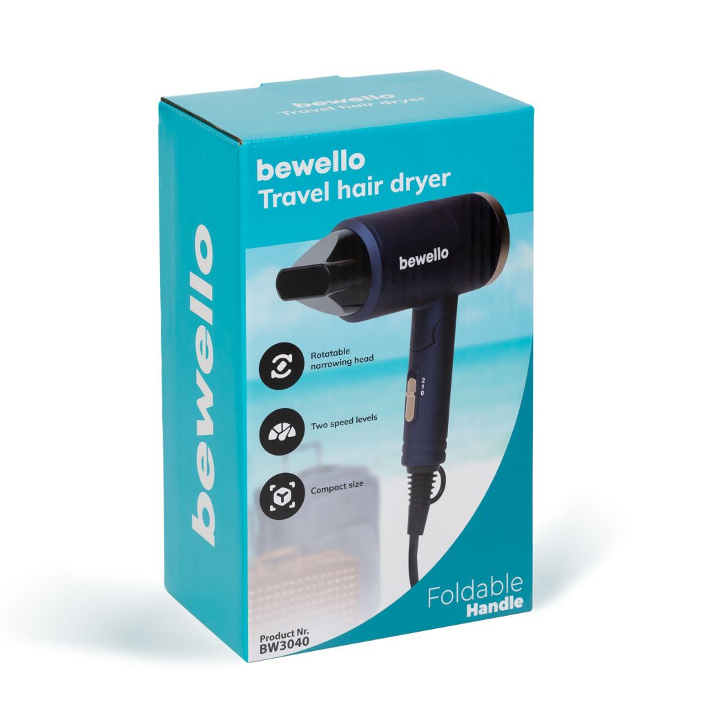 Bewello utazó hajszárító - 2 sebességes - 220-240V AC (max 1300 W)