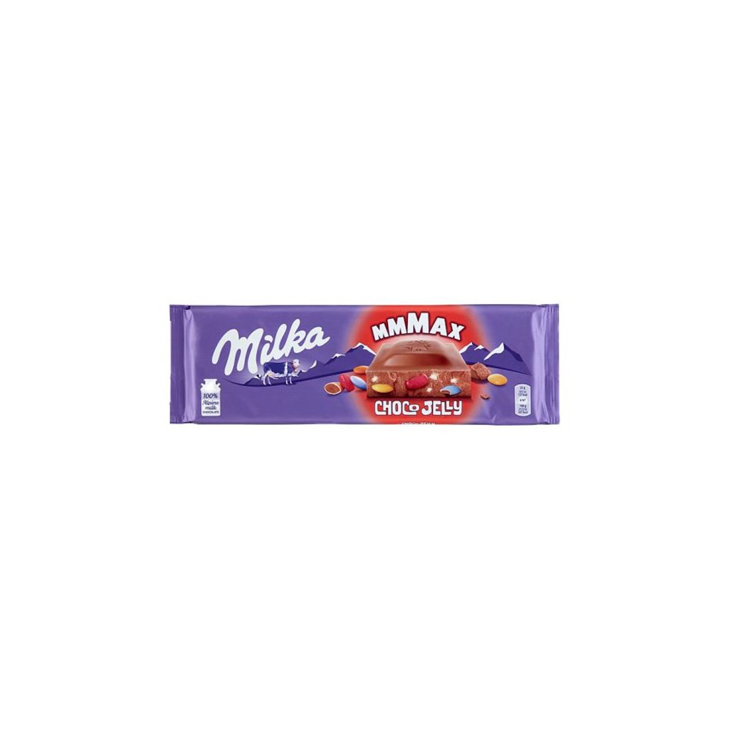 Milka MMMax choco Jelly meggyes zselédarabos cukordrazsés táblás csokoládé (250 g)