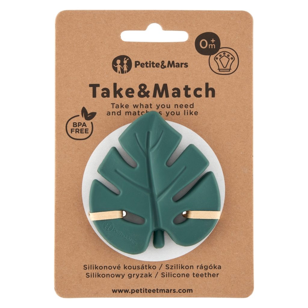 Petite&Mars Take and Match Levélke szilikon rágóka, 0 hó+ (mélyzöld)
