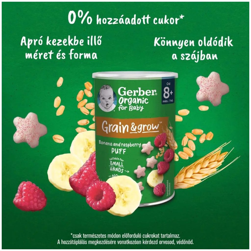 Gerber Organic bio banános málnás gabona snack, 8 hónapos kortól (35 g)