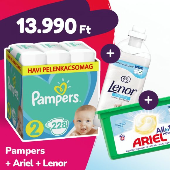 Pampers Active Baby pelenka, Mini 2, 4-8 kg, 228 db + Ariel mosókapszula + Lenor öblítő