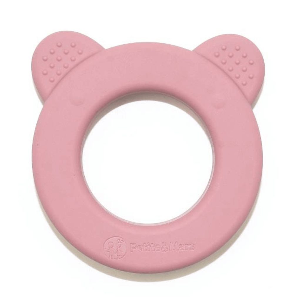 Petite&Mars Beary szilikon rágóka csörgővel, 0 hó+ (rózsa)