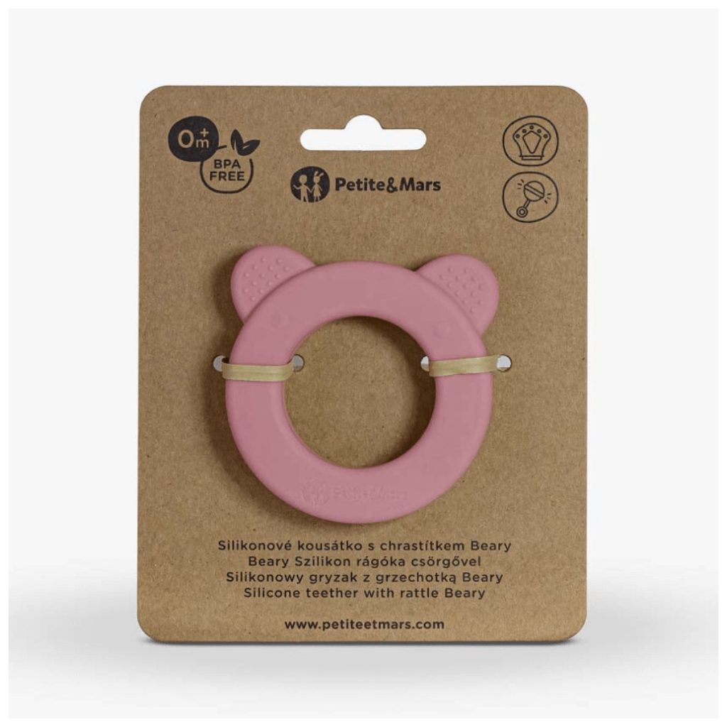 Petite&Mars Beary szilikon rágóka csörgővel, 0 hó+ (rózsa)