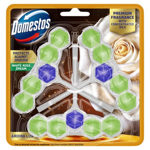 Domestos Aroma Lux WC frissítő blokk, White Rose Dream, koncentrált illóolajokkal (3x50 g)