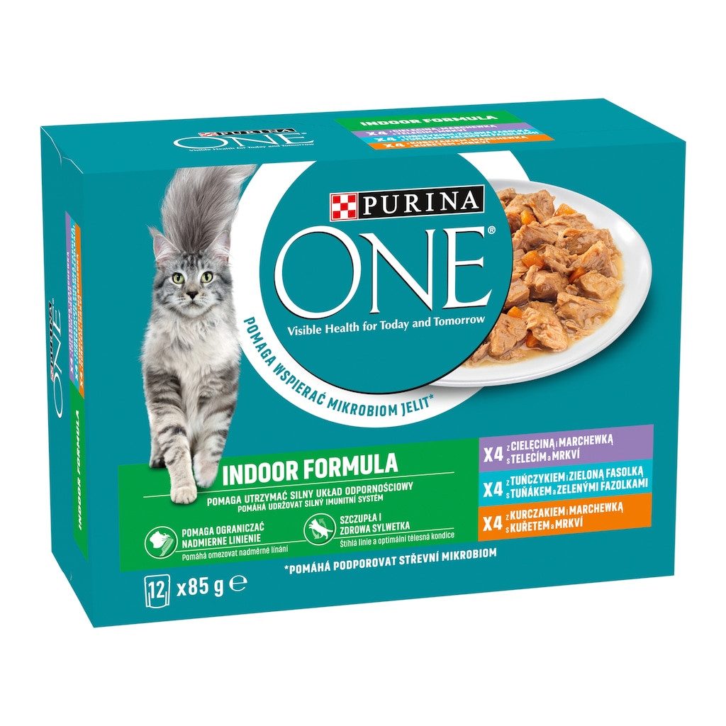 Purina One Indoor Formula alutasakos macskaeledel csirkével, borjúval és tonhallal (12x85 g)