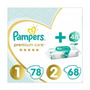   Pampers Premium Care 1, 2-5 kg, 78 db + 2, 4-8 kg, 68 db + Pampers Aqua Pure nedves törlőkendő 48 db