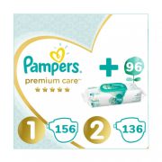   Pampers Premium Care 1, 2-5 kg, 2x78 db + 2, 4-8 kg, 2x68 db + Pampers Aqua Pure nedves törlőkendő 2x48 db