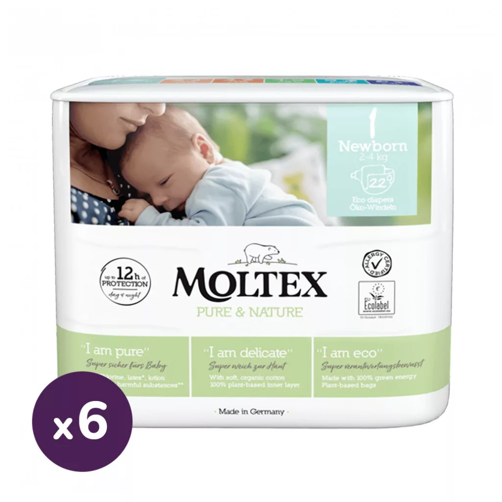 MOLTEX Pure&Nature öko pelenka, Újszülött 1, 2-4 kg HAVI PELENKACSOMAG 132 db + AJÁNDÉK Baba az autóban matrica