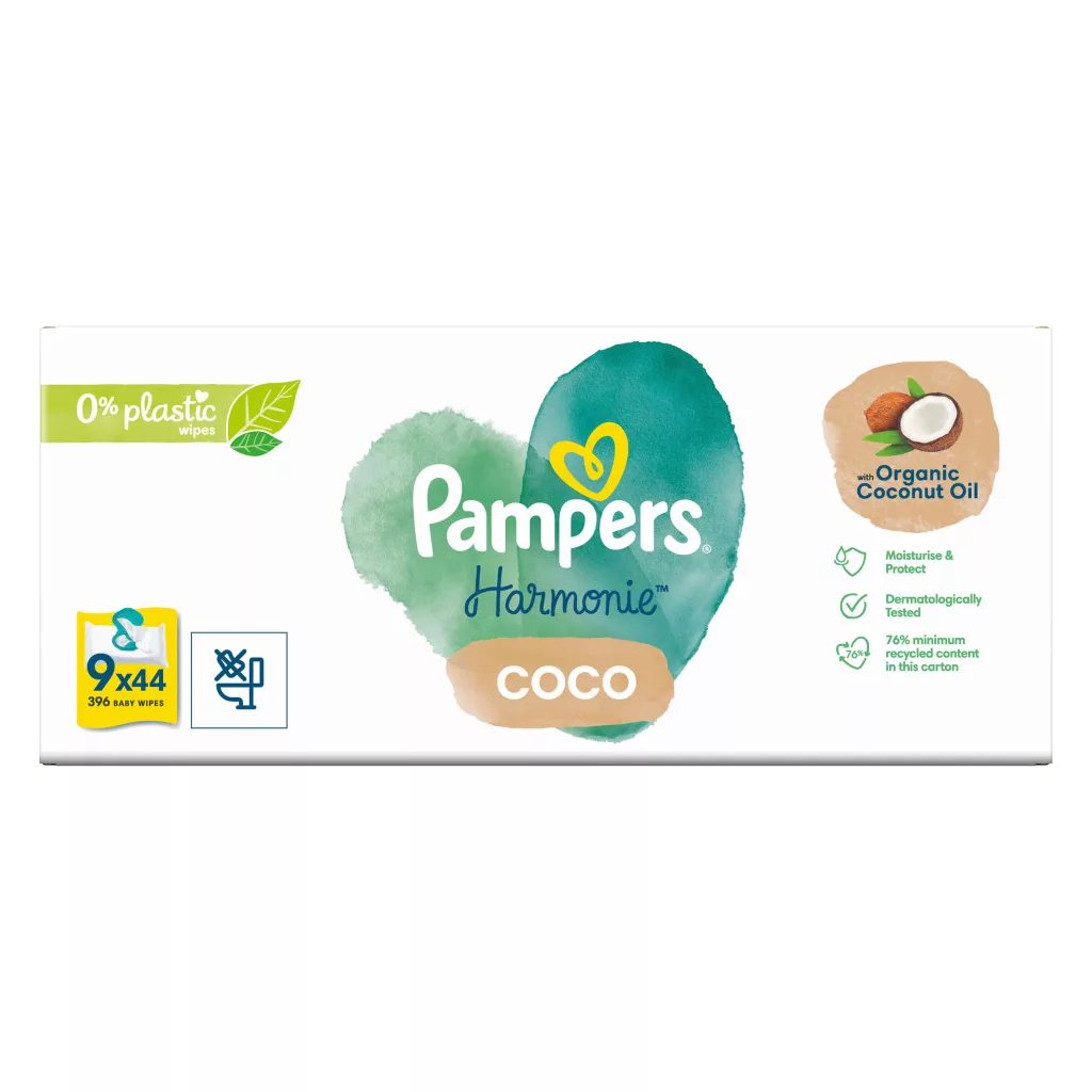 Pampers Harmonie Coconut Plastic free műanyagmentes kókuszos nedves törlőkendő 9x44 db