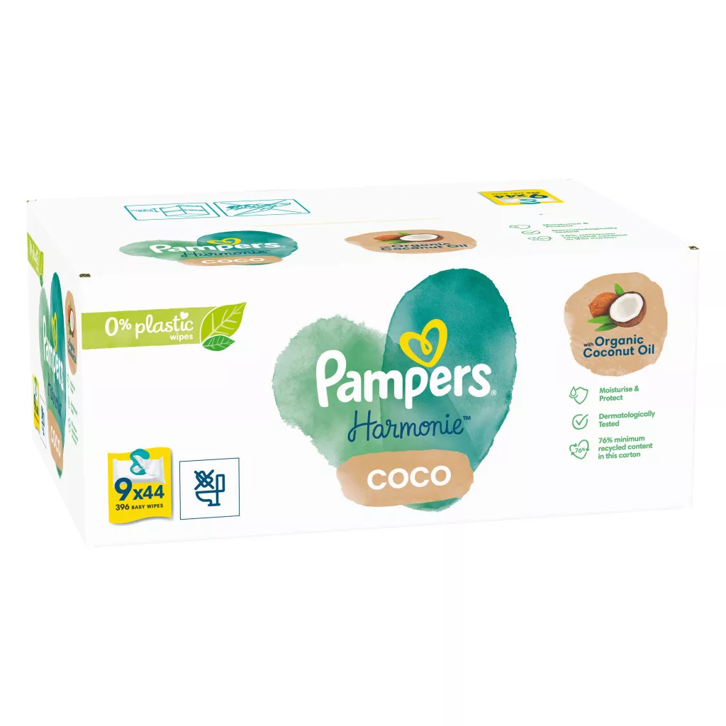 Pampers Harmonie Coconut Plastic free műanyagmentes kókuszos nedves törlőkendő 9x44 db