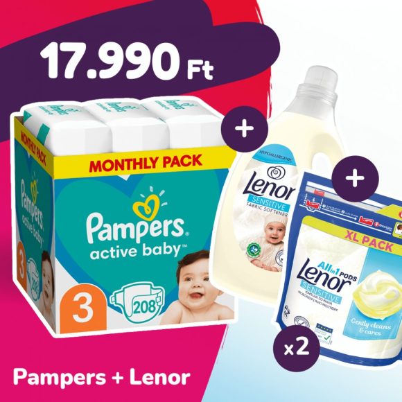 Pampers Active Baby pelenka, Midi 3, 6-10 kg, 208 db + 2 csomag Lenor mosókapszula + öblítő