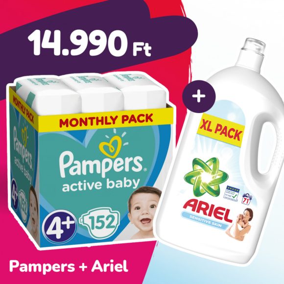 Pampers Active Baby pelenka, Maxi+ 4+, 10-15 kg, 152 db + Ariel Sensitive mosógél