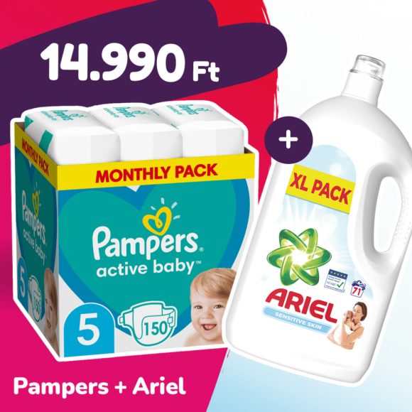 Pampers Active Baby pelenka, Junior 5, 11-16 kg, 150 db + Ariel Sensitive mosógél