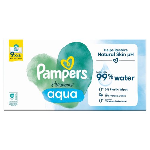 Pampers Harmonie Aqua Plastic Free műanyagmentes nedves törlőkendő (9x48 db)