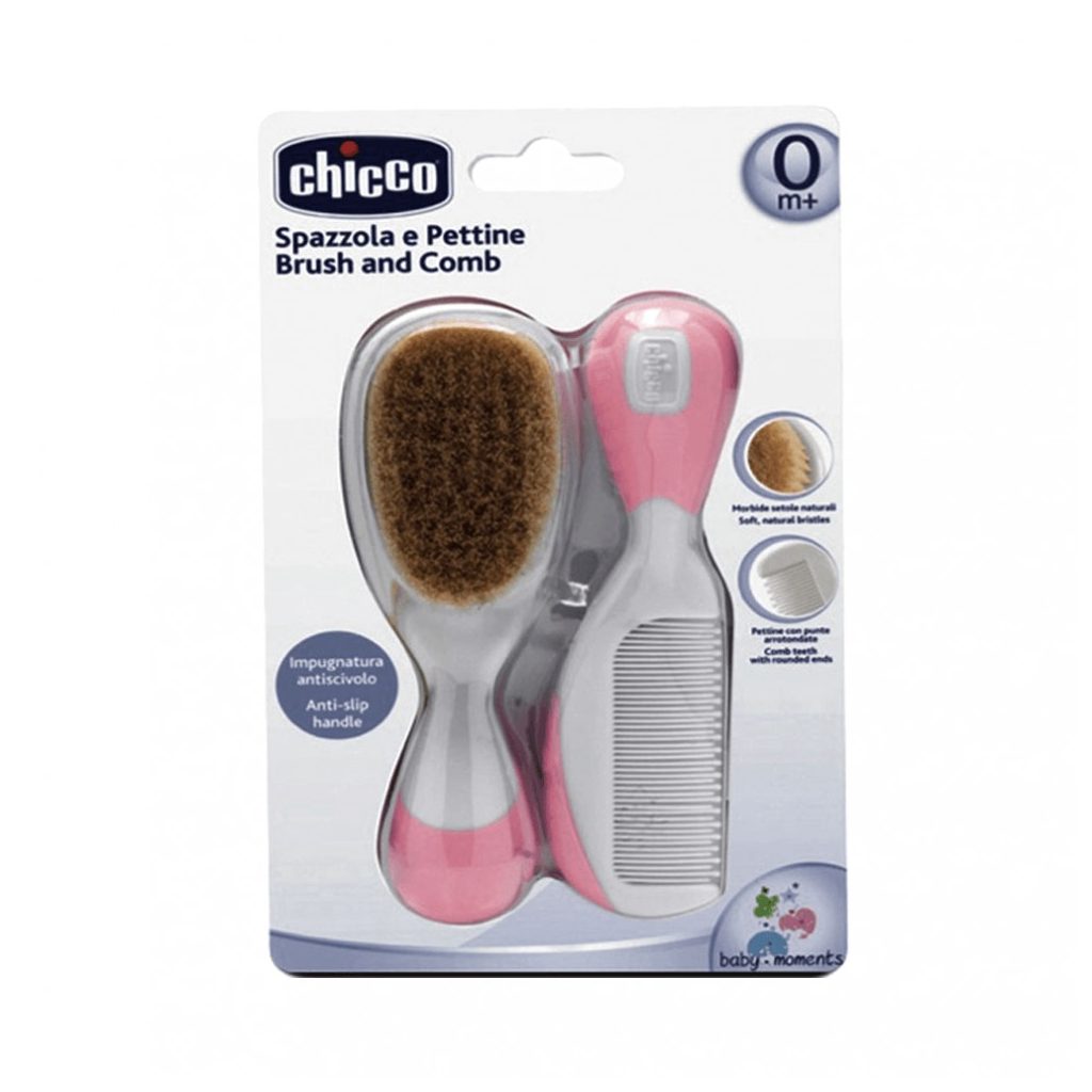 Chicco Fésű + kefe természetes sörtékkel (fehér-rózsaszín)