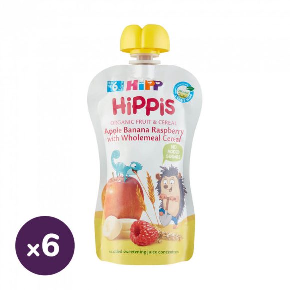 Hipp HiPPiS BIO gyümölcspép alma-banán-málna teljes kiőrlésű gabonával, 6 hó+ (6x100 g)