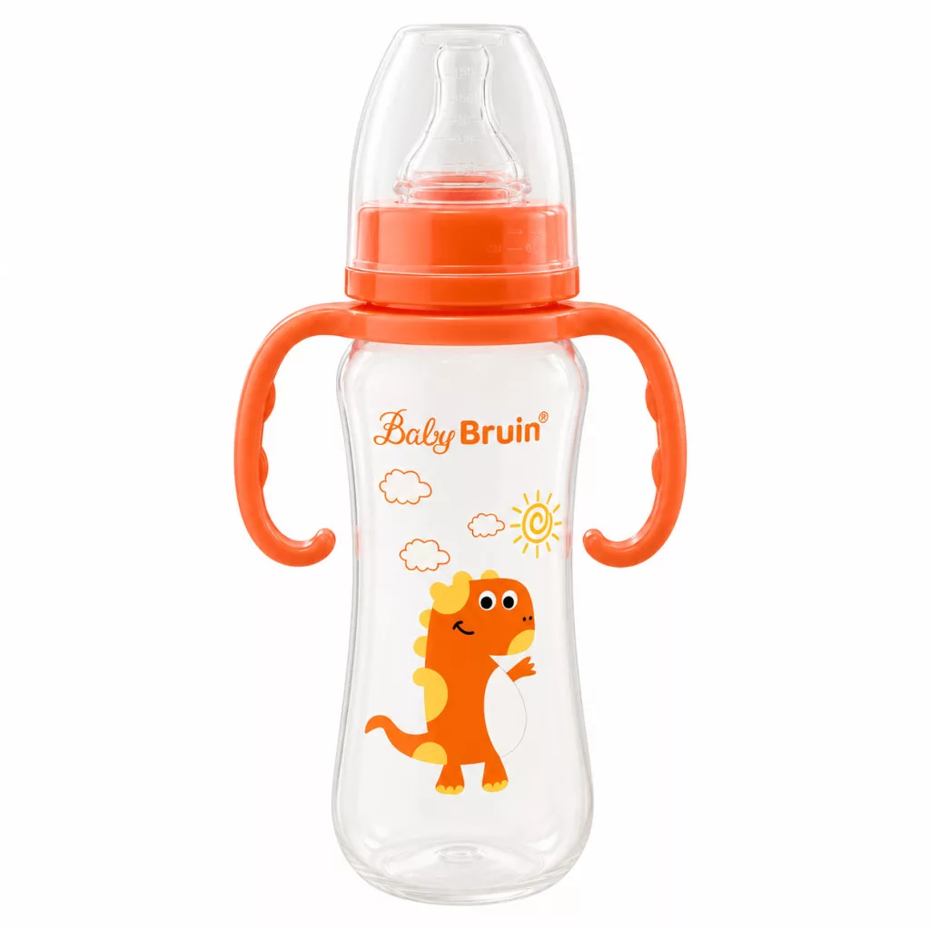 BabyBruin műanyag karcsúsított cumisüveg fogóval 240 ml (narancssárga)