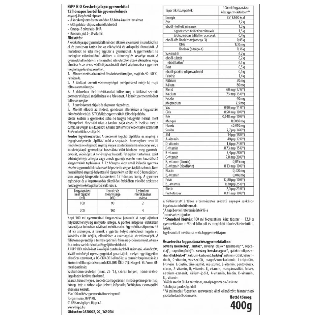 Hipp BIO Kecsketejalapú gyermekital 12 hó+ (400 g)