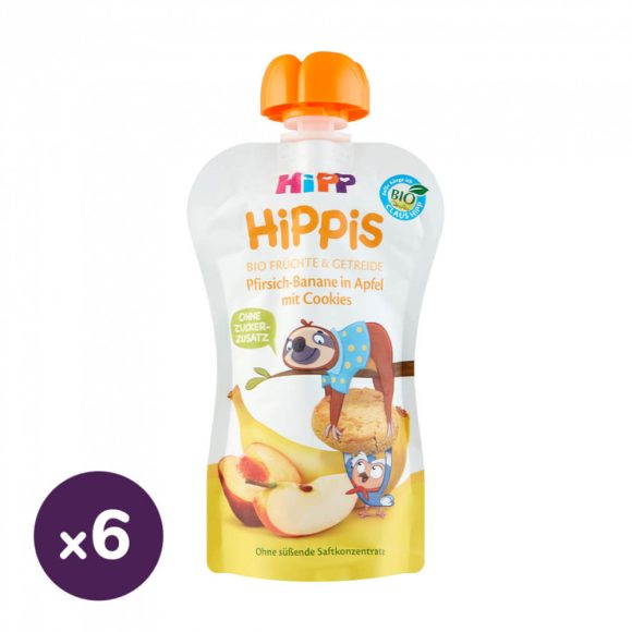 Hipp HiPPiS BIO gyümölcspép alma-banán-őszibarack keksszel, 12 hó+ (6x100 g)
