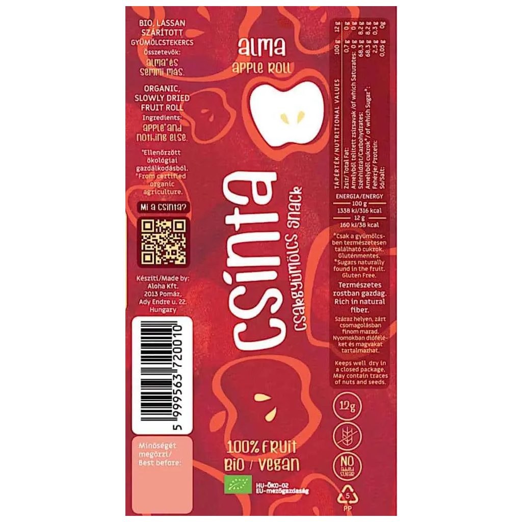 Csinta Bio alma gyümölcs snack, 12g