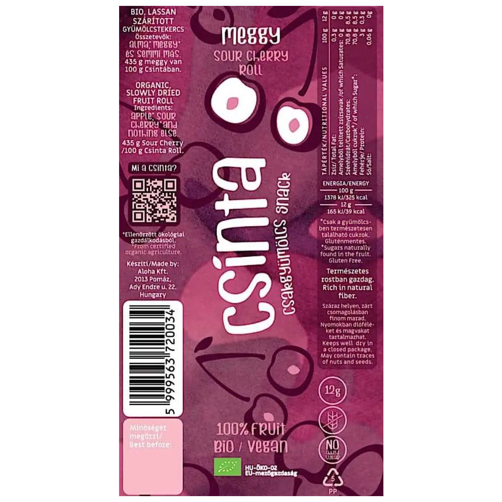 Csinta Bio Meggy gyümölcs snack, 12g