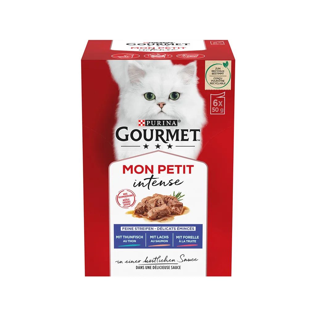 Purina Gourmet Mon Petit alutasakos macskaeledel tonhallal, lazaccal és pisztránggal (6x50 g)
