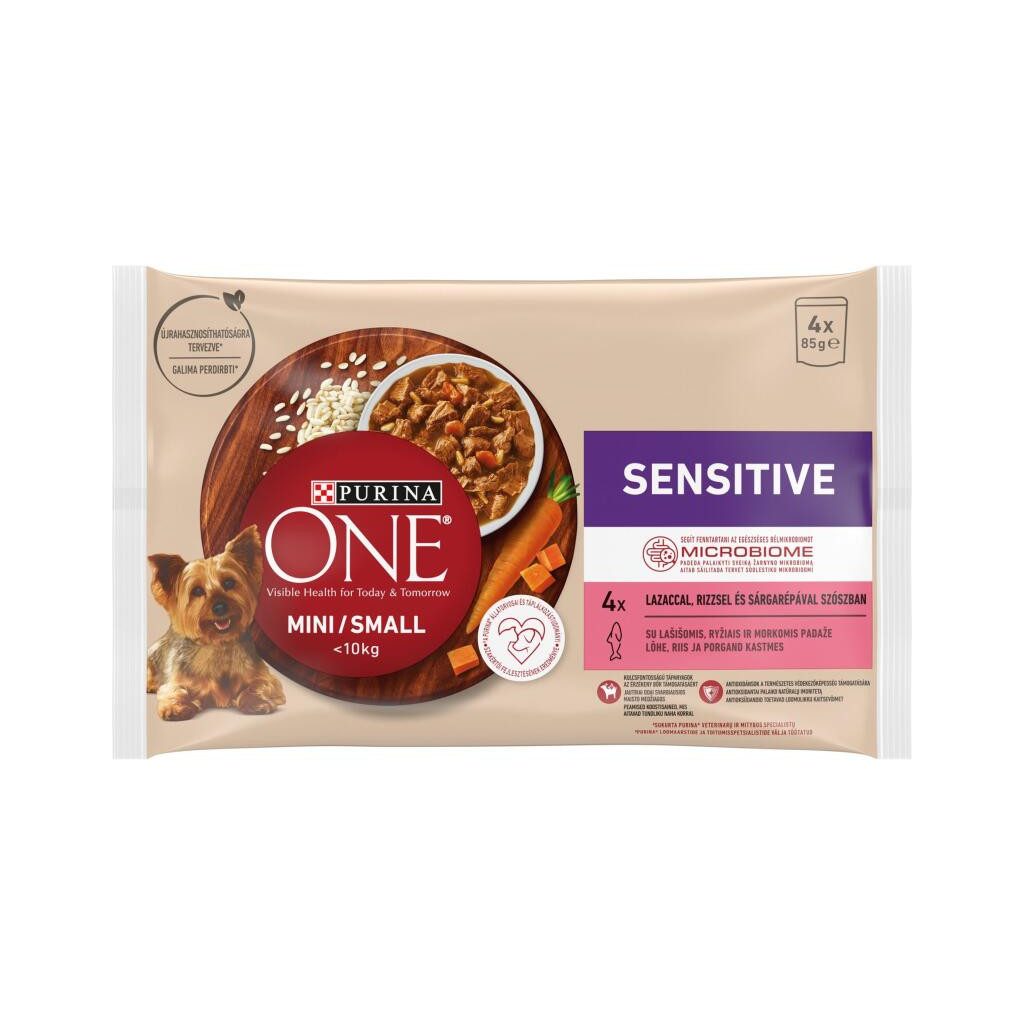 Purina One Mini Sensitive/Delicate alutasakos kutyaeledel lazaccal (4x85 g)