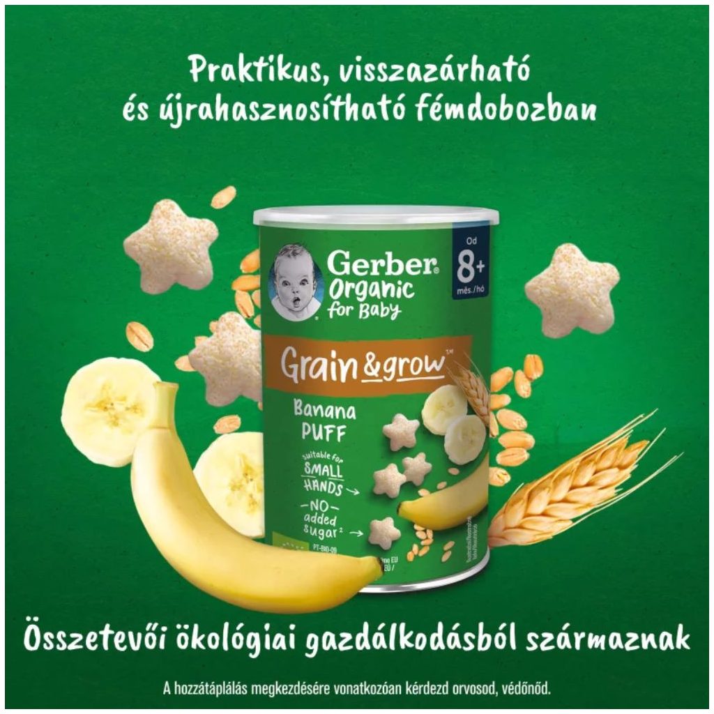 Gerber Organic bio banános gabona snack, 8 hónapos kortól (35 g)