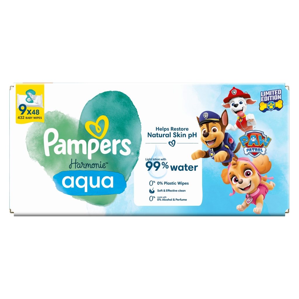 Pampers Mancs Őrjárat Harmonie Aqua Plastic Free műanyagmentes nedves törlőkendő (9x48 db)