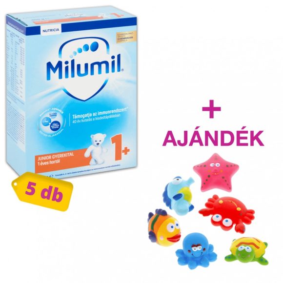 Milumil Junior 1+ gyerekital 12 hó+ (5x600 g) + AJÁNDÉK Bébi fürdőjáték vidám állatokkal (6 db)
