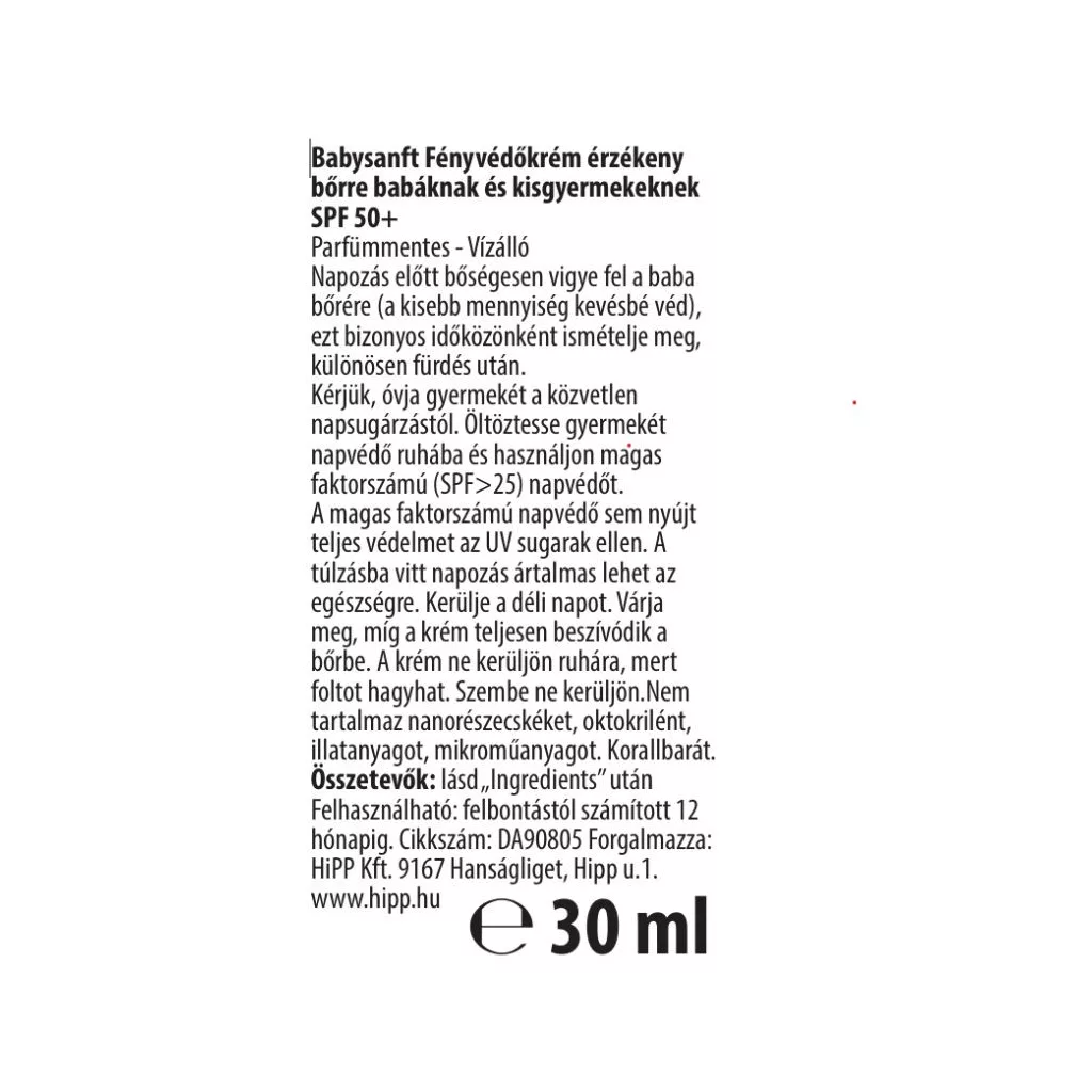 Hipp Babysanft Napozókrém arcra SPF50+, 30ml