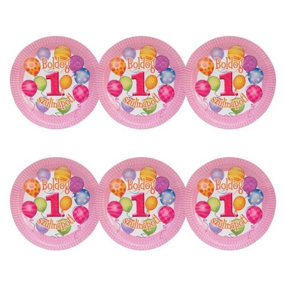 Léggömbös rózsaszín parti tányér Boldog 1. Szülinapot! felirattal - 23 cm (6 db)