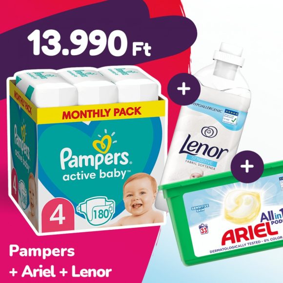 Pampers Active Baby pelenka, Maxi 4, 9-14 kg, 180 db + Ariel mosókapszula + Lenor öblítő
